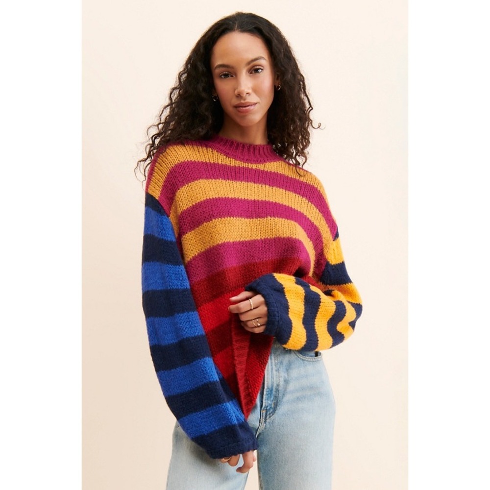 Farm Rio Women Large Luna Striped Chunky Knit Sweater Multi Color Balloon Sleeve
